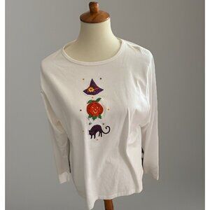 Casey Coleman Halloween Pumpkin Tee T-Shirt XL White with Embroidery Sequins